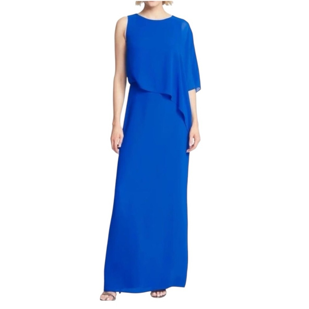 Halston Heritage Asymmetrical Overlay Gown Dress in Lapis Blue Elegant Dress 6